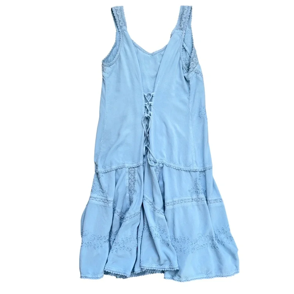 HolyClothing Light Blue Embroidered Lace Up Renaissance Fair Midi Dress XL/1X
